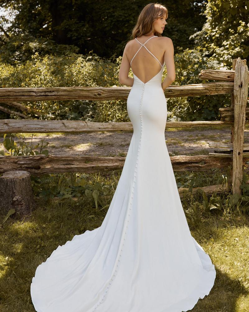 Lp2217 satin sheath wedding dress with low back and beaded sweetheart neckline2